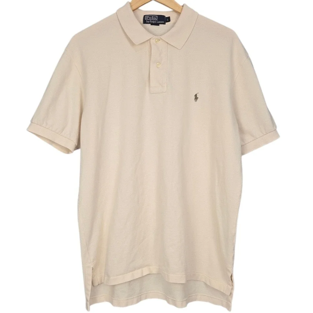 Polo Ralph Lauren Polo Shirt Mens Large Cream Ivory Short Sleeve Cotton Vintage